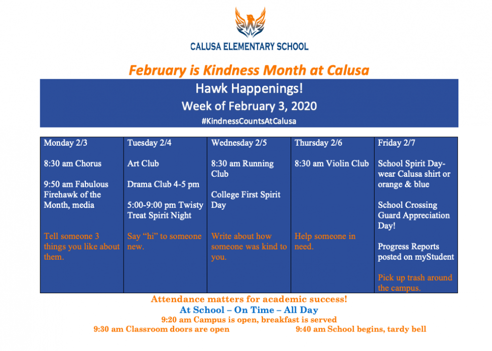 Hawk Happenings for the Week of February 3, 2020 Calusa Elementary School